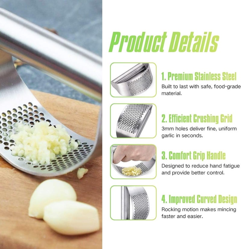BOKKY Stainless Steel Garlic Press Rocker with Bottle Opener, 304 Heavy Duty Garlic Mincer & Crusher Tool with Peeler and Cleaning Brush, Easy-Clean Garlic Chopper Kitchen Gadget - Image 3